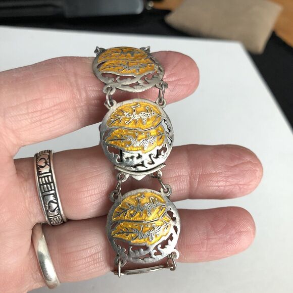 Vintage Siam Sterling Silver & Enamel Links Bracelet, Signed 6.5” 18 Grams - Picture 7 of 11